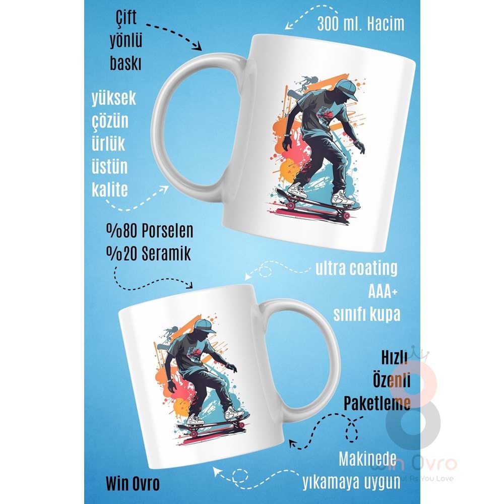 Win Ovro Premium Beyaz Porselen Hediye Kupa Bardak Çift Yön Baskı - Graffiti Skater Rengine KayKay