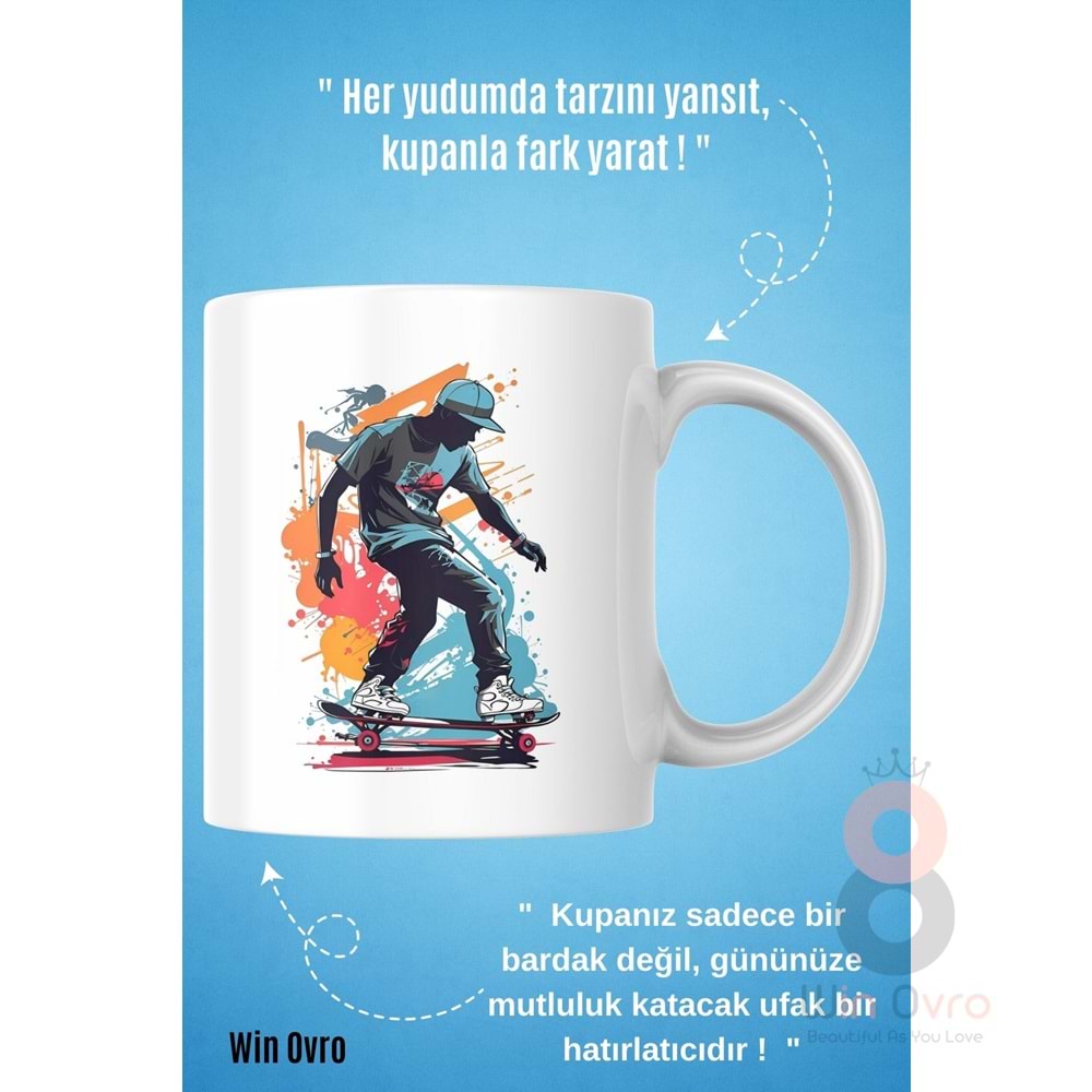 Win Ovro Premium Beyaz Porselen Hediye Kupa Bardak Çift Yön Baskı - Graffiti Skater Rengine KayKay