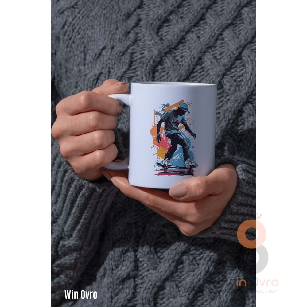 Win Ovro Premium Beyaz Porselen Hediye Kupa Bardak Çift Yön Baskı - Graffiti Skater Rengine KayKay