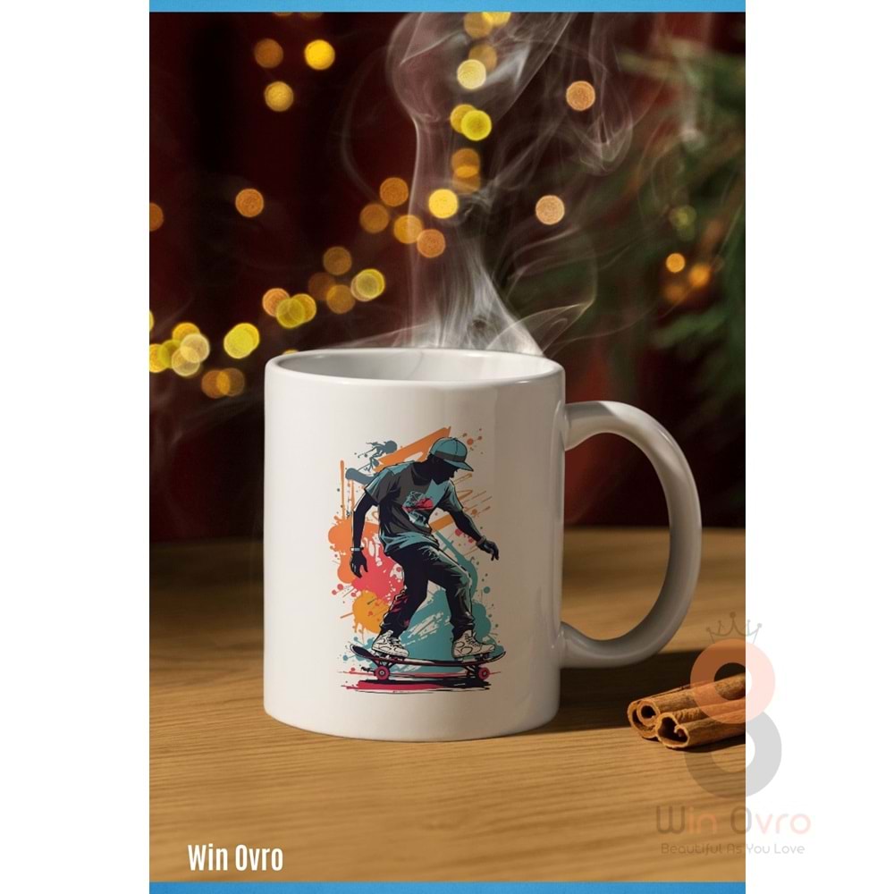 Win Ovro Premium Beyaz Porselen Hediye Kupa Bardak Çift Yön Baskı - Graffiti Skater Rengine KayKay