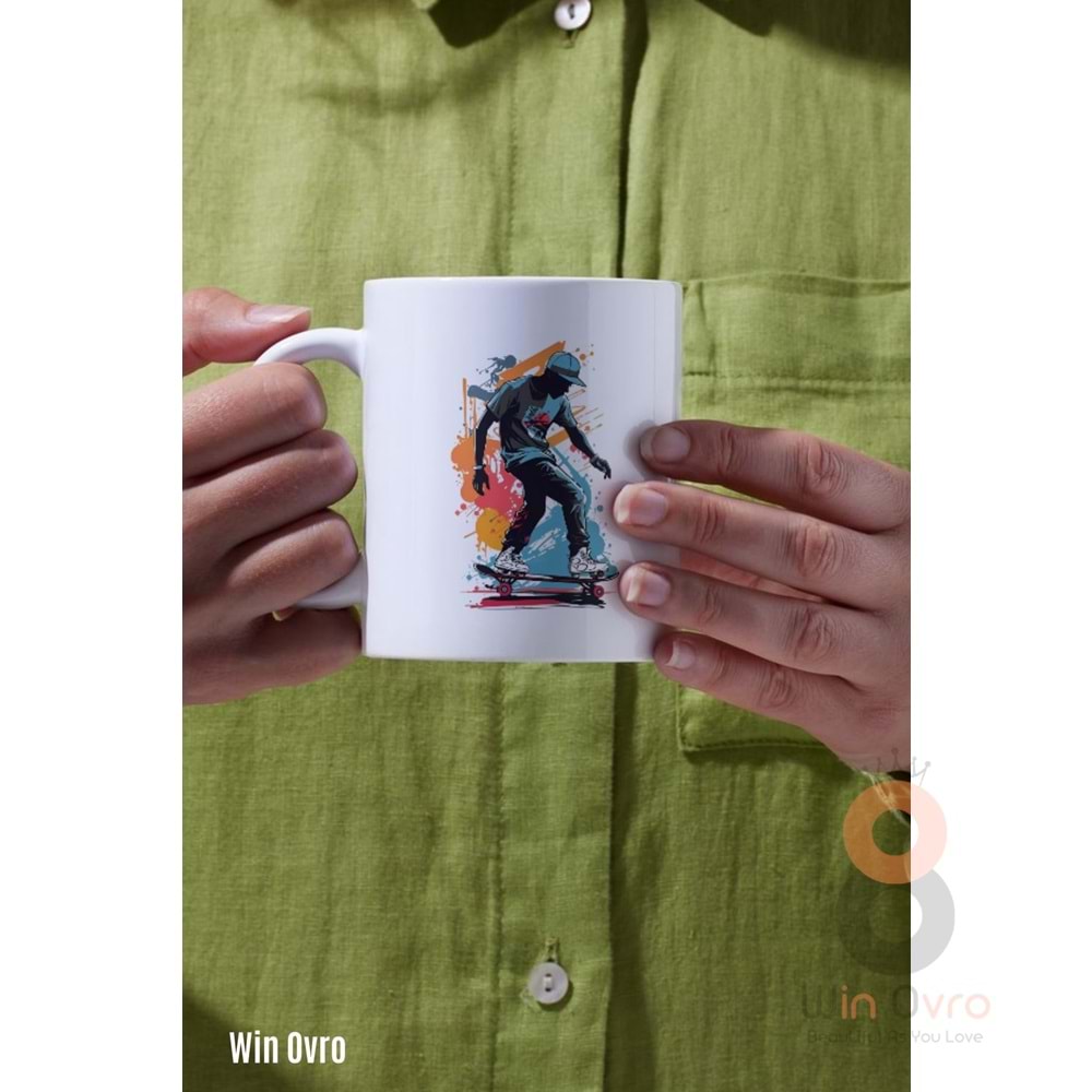 Win Ovro Premium Beyaz Porselen Hediye Kupa Bardak Çift Yön Baskı - Graffiti Skater Rengine KayKay