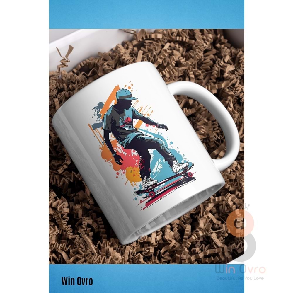 Win Ovro Premium Beyaz Porselen Hediye Kupa Bardak Çift Yön Baskı - Graffiti Skater Rengine KayKay