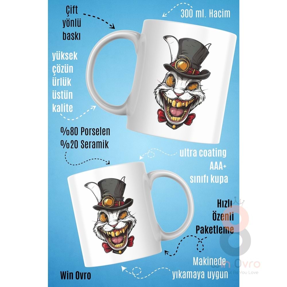 Win Ovro Premium Beyaz Porselen Hediye Kupa Bardak Çift Yön Baskı - Altın Dişli Şapkacı Deli Tavşan