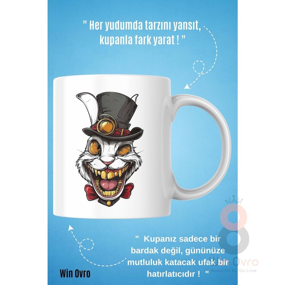 Win Ovro Premium Beyaz Porselen Hediye Kupa Bardak Çift Yön Baskı - Altın Dişli Şapkacı Deli Tavşan