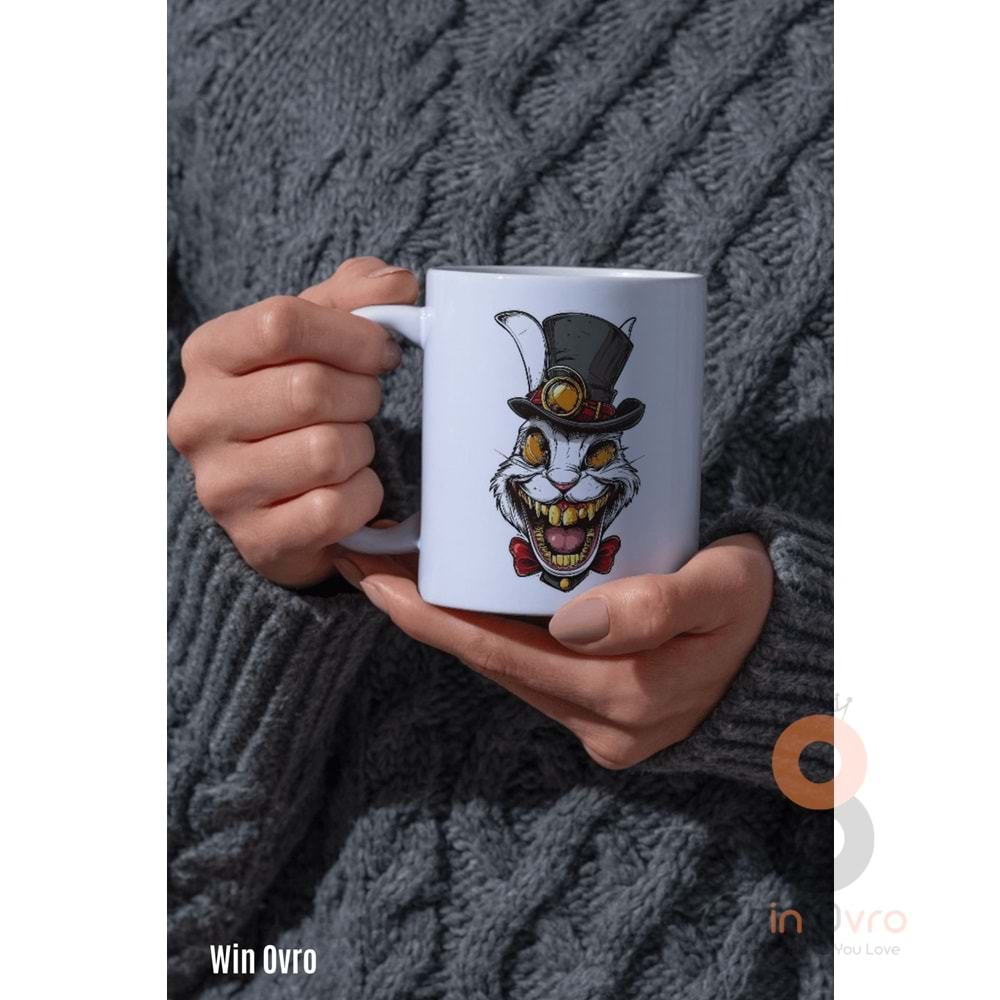 Win Ovro Premium Beyaz Porselen Hediye Kupa Bardak Çift Yön Baskı - Altın Dişli Şapkacı Deli Tavşan