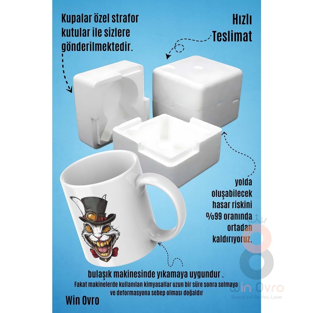 Win Ovro Premium Beyaz Porselen Hediye Kupa Bardak Çift Yön Baskı - Altın Dişli Şapkacı Deli Tavşan