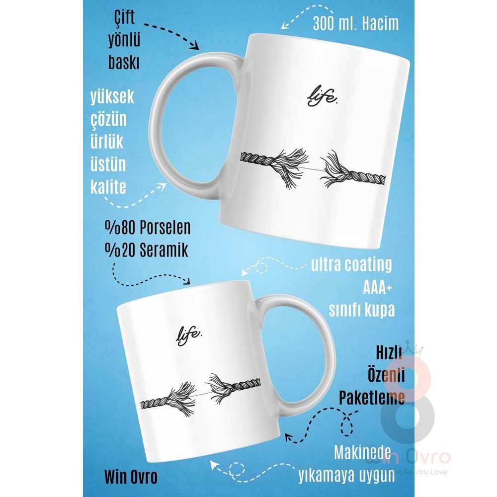 Win Ovro Premium Beyaz Porselen Hediye Kupa Bardak Çift Yön Baskı - Life is This Hayat İşte Bu