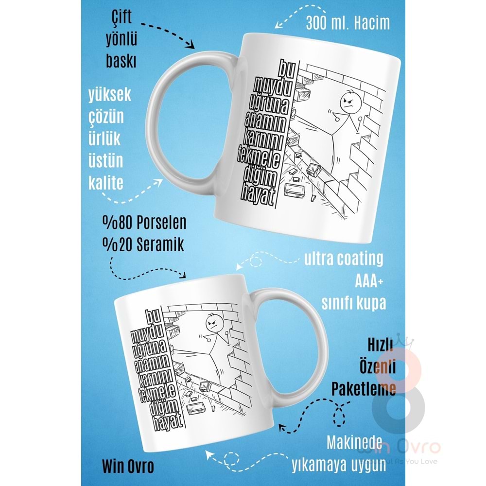 Win Ovro Premium Beyaz Porselen Hediye Çift Yön Baskılı Kupa Bardak - Bu muydu uğruna anamın karnını