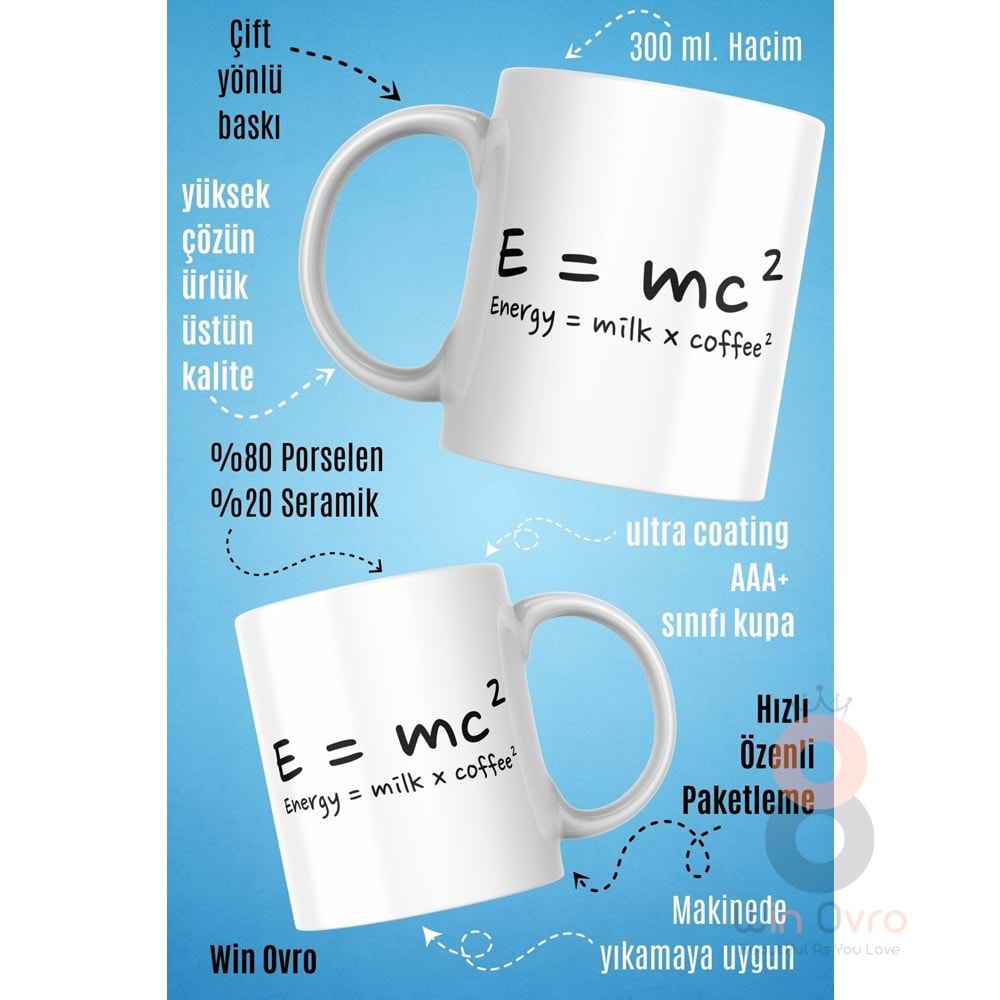 Win Ovro Premium Beyaz Porselen Hediye Çift Yön Baskılı Kupa Bardak - Energy Milk Coffee