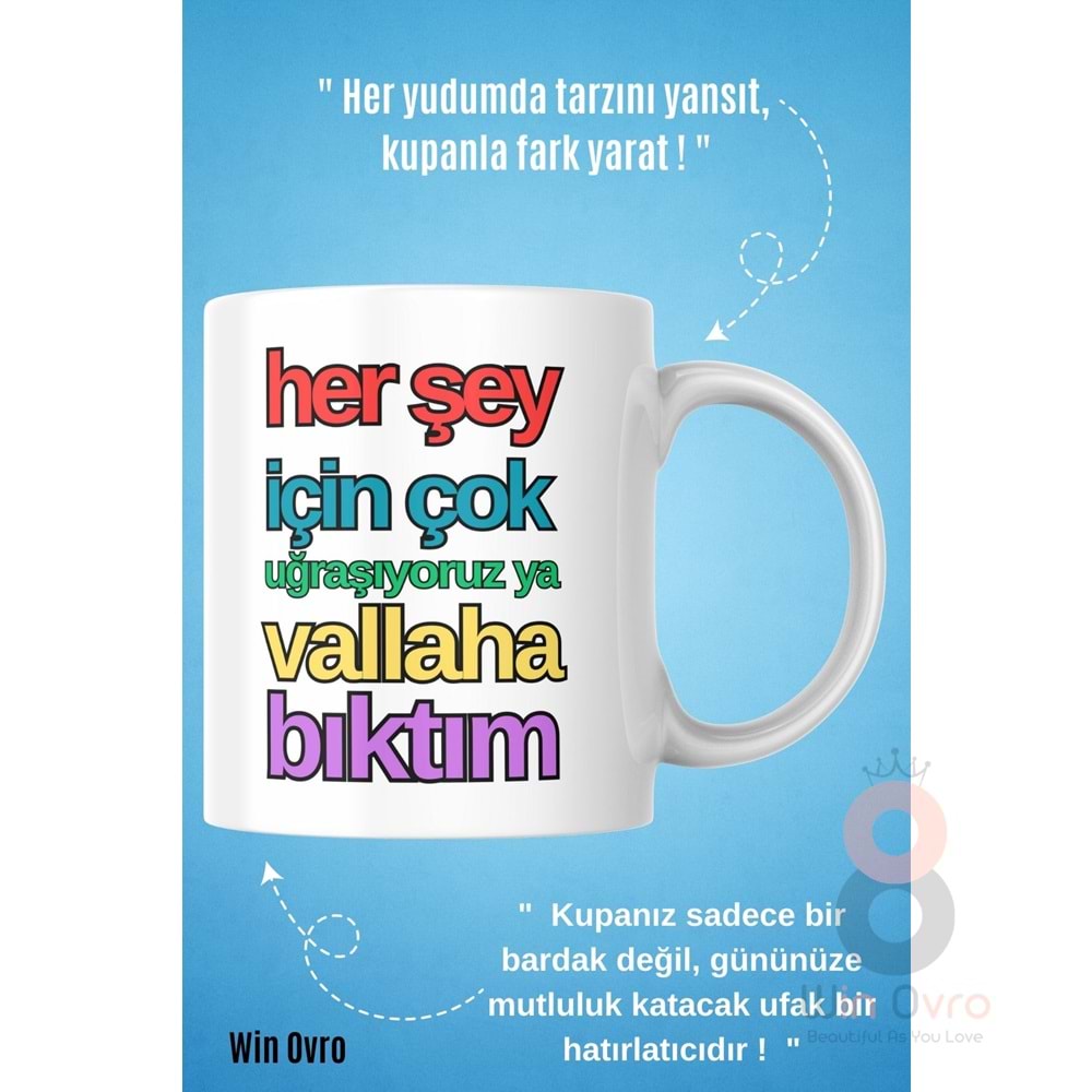 Win Ovro Premium Beyaz Porselen Hediye Çift Yön Baskılı Kupa Bardak - Vallaha Bıktım