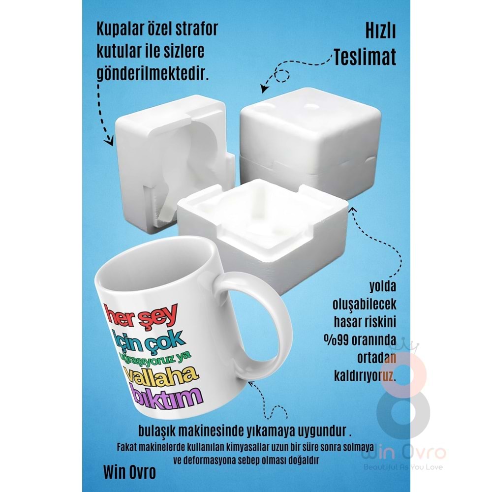 Win Ovro Premium Beyaz Porselen Hediye Çift Yön Baskılı Kupa Bardak - Vallaha Bıktım