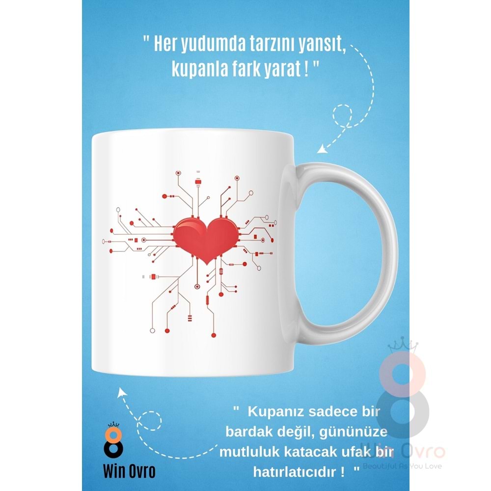 Win Ovro Premium Beyaz Porselen Hediye Çift Yön Baskılı Kupa Bardak - Aşk Kalp Love eee