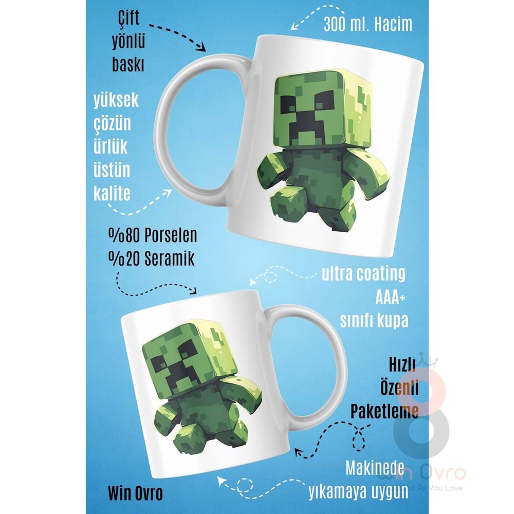 Win Ovro Premium Beyaz Porselen Hediye Çift Yön Baskılı Kupa Bardak - Minecraft 01
