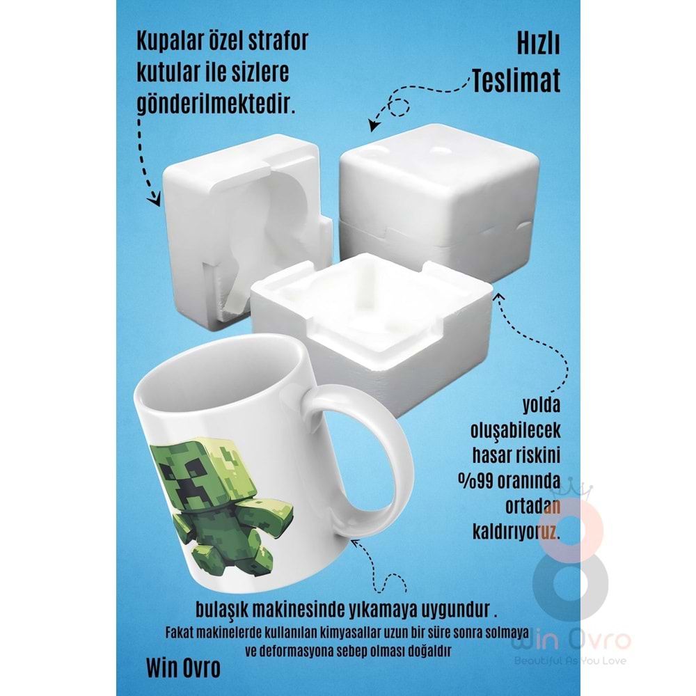 Win Ovro Premium Beyaz Porselen Hediye Çift Yön Baskılı Kupa Bardak - Minecraft 01