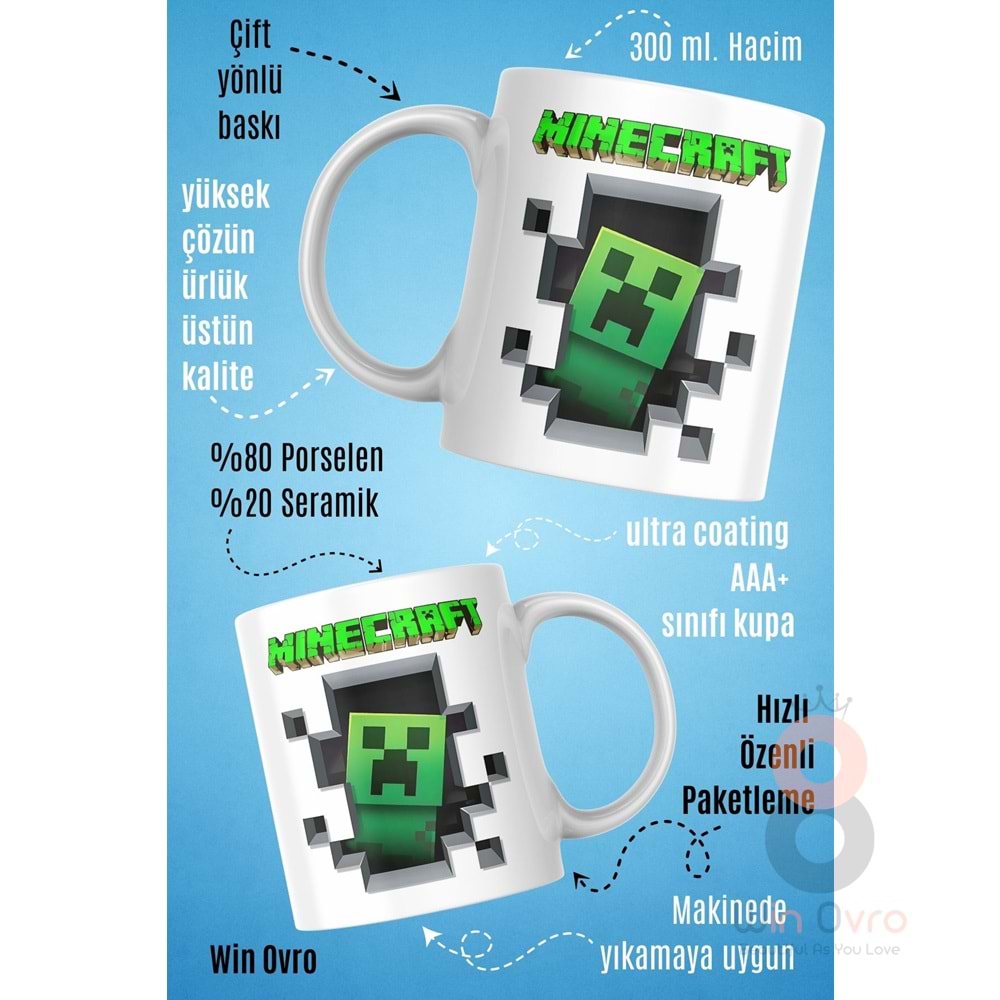 Win Ovro Premium Beyaz Porselen Hediye Çift Yön Baskılı Kupa Bardak - Minecraft 02
