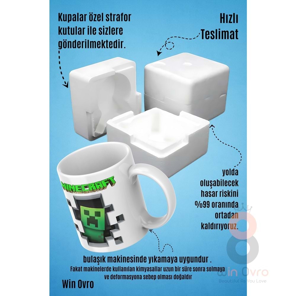 Win Ovro Premium Beyaz Porselen Hediye Çift Yön Baskılı Kupa Bardak - Minecraft 02