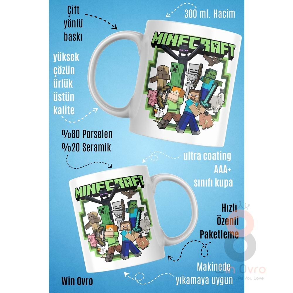 Win Ovro Premium Beyaz Porselen Hediye Çift Yön Baskılı Kupa Bardak - Minecraft 03