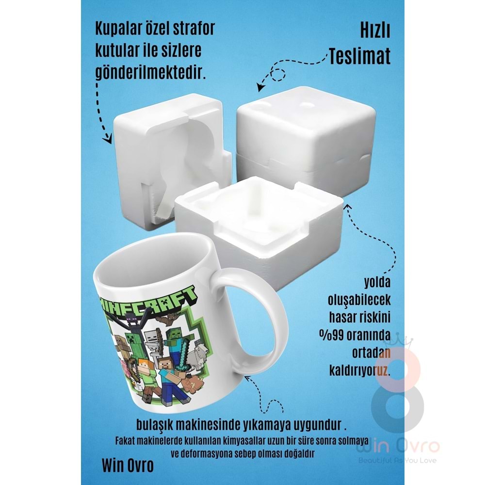 Win Ovro Premium Beyaz Porselen Hediye Çift Yön Baskılı Kupa Bardak - Minecraft 03