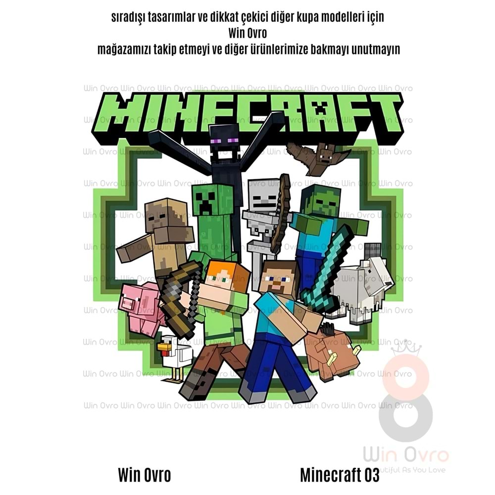 Win Ovro Premium Beyaz Porselen Hediye Çift Yön Baskılı Kupa Bardak - Minecraft 03