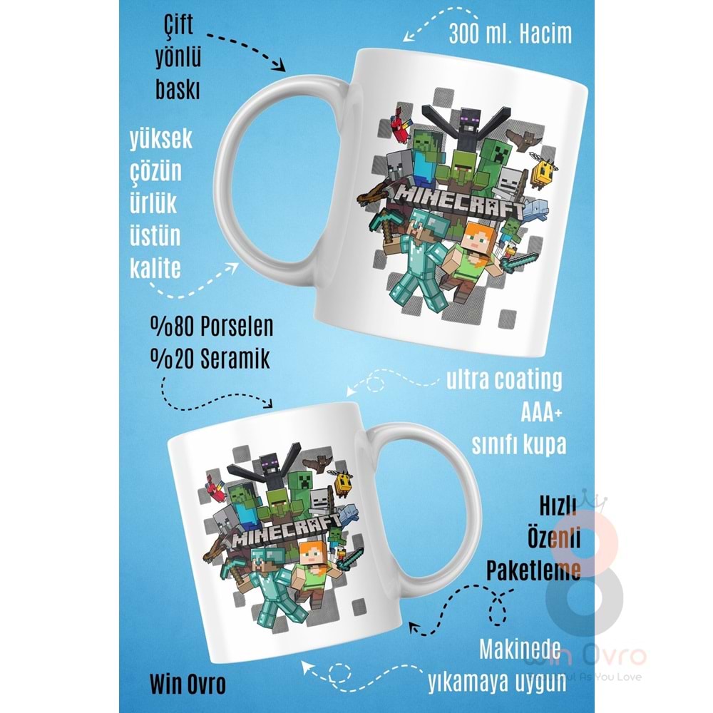 Win Ovro Premium Beyaz Porselen Hediye Çift Yön Baskılı Kupa Bardak - Minecraft 04