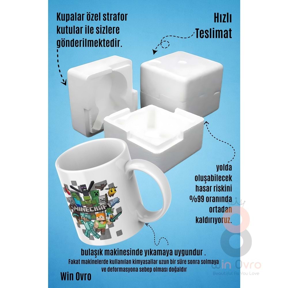 Win Ovro Premium Beyaz Porselen Hediye Çift Yön Baskılı Kupa Bardak - Minecraft 04