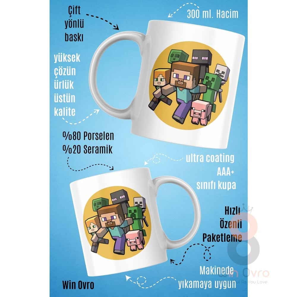 Win Ovro Premium Beyaz Porselen Hediye Çift Yön Baskılı Kupa Bardak - Minecraft 05