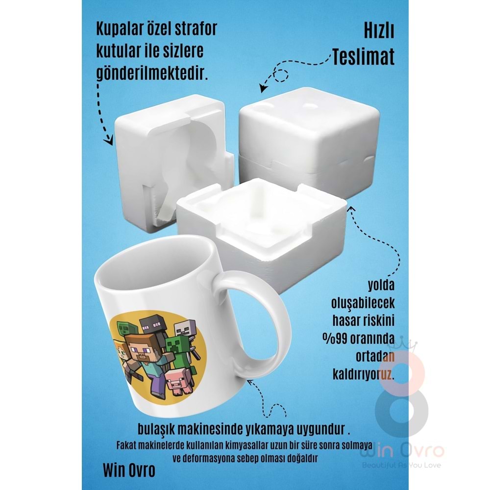 Win Ovro Premium Beyaz Porselen Hediye Çift Yön Baskılı Kupa Bardak - Minecraft 05