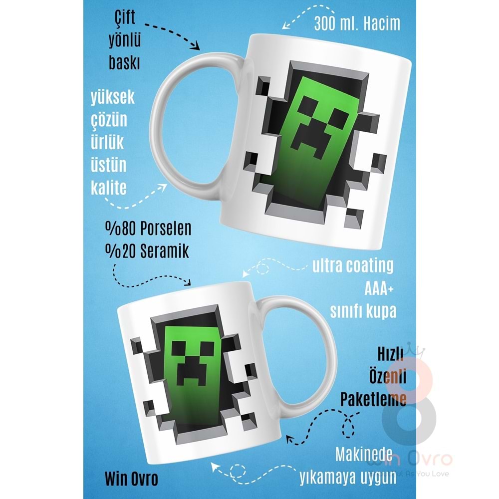 Win Ovro Premium Beyaz Porselen Hediye Çift Yön Baskılı Kupa Bardak - Minecraft 06