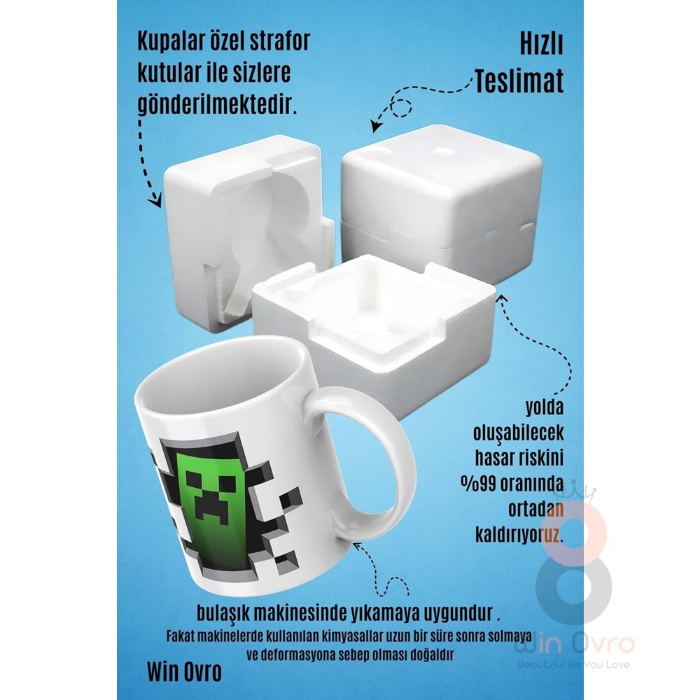 Win Ovro Premium Beyaz Porselen Hediye Çift Yön Baskılı Kupa Bardak - Minecraft 06