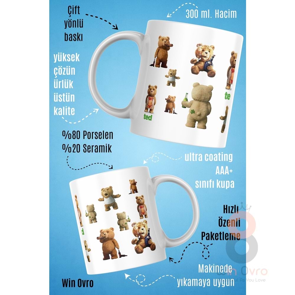 Win Ovro Premium Beyaz Porselen Hediye Çift Yön Baskılı Kupa Bardak - Ayı Teddy Bear 01