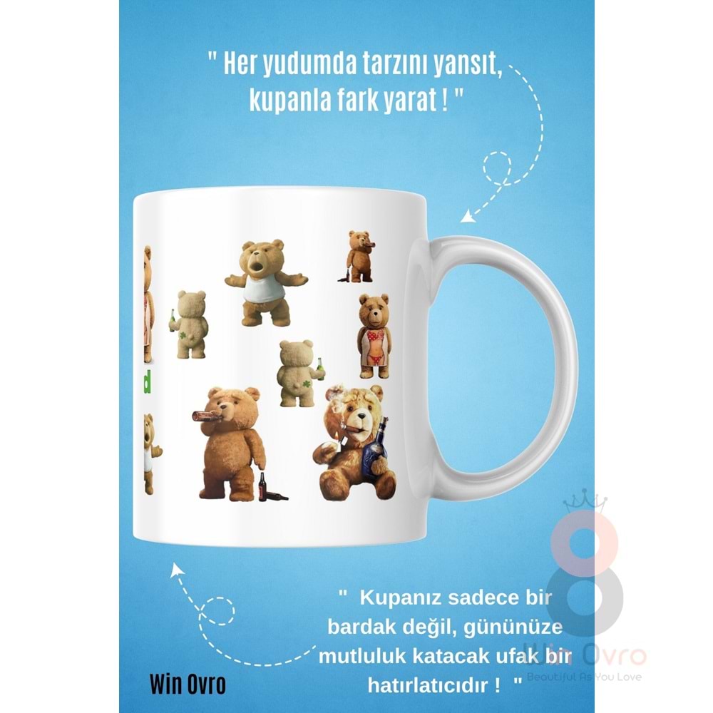 Win Ovro Premium Beyaz Porselen Hediye Çift Yön Baskılı Kupa Bardak - Ayı Teddy Bear 01