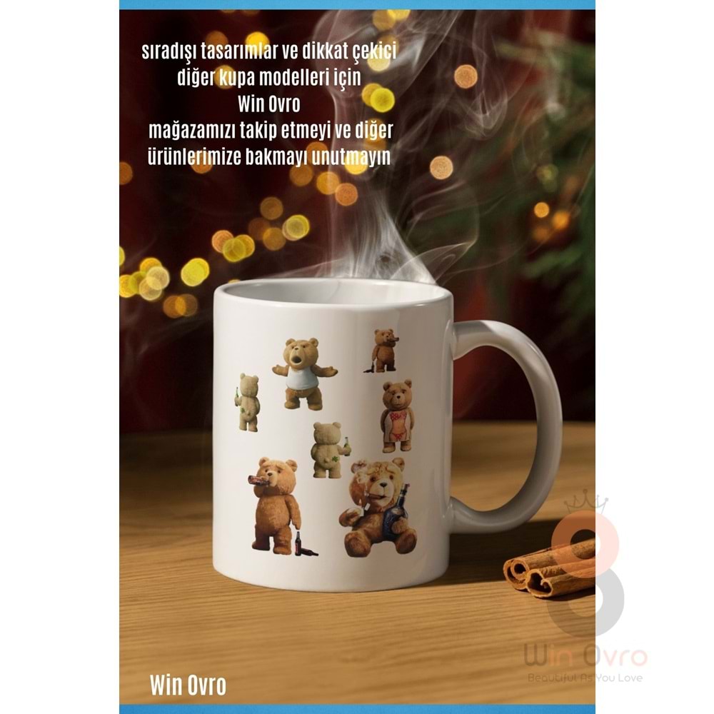 Win Ovro Premium Beyaz Porselen Hediye Çift Yön Baskılı Kupa Bardak - Ayı Teddy Bear 01