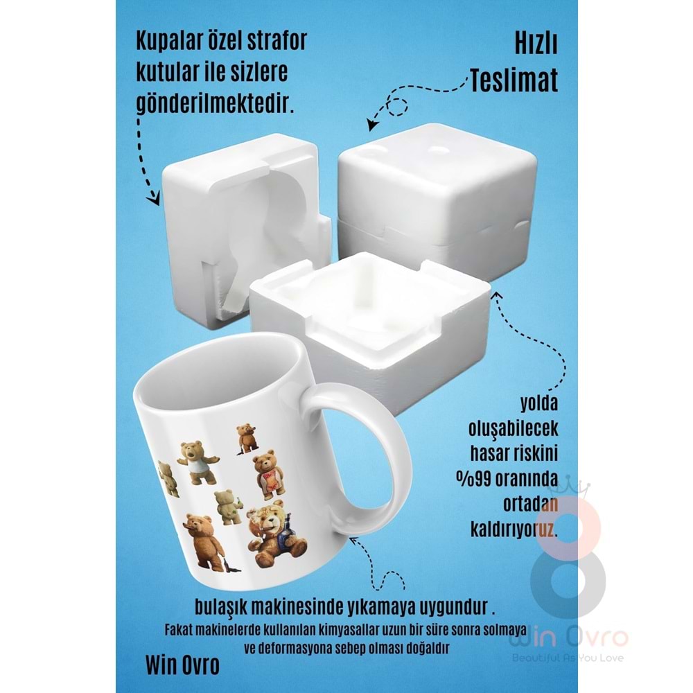 Win Ovro Premium Beyaz Porselen Hediye Çift Yön Baskılı Kupa Bardak - Ayı Teddy Bear 01
