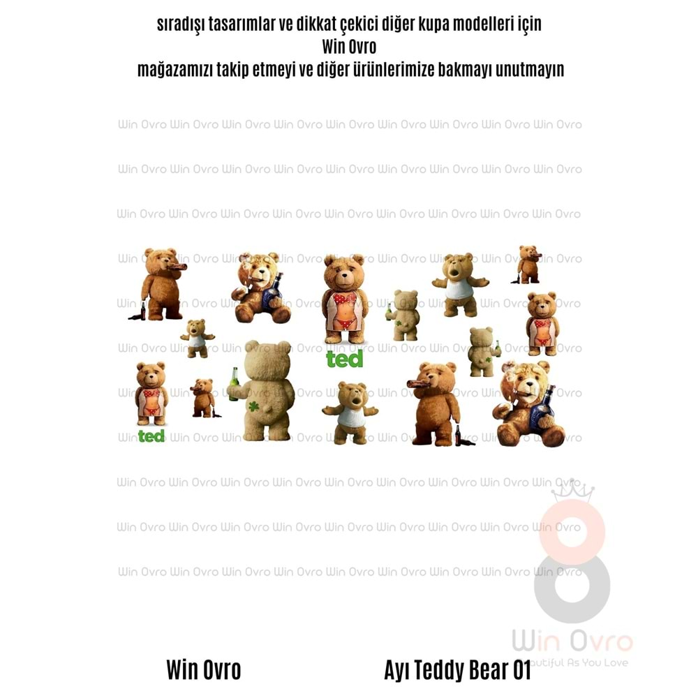 Win Ovro Premium Beyaz Porselen Hediye Çift Yön Baskılı Kupa Bardak - Ayı Teddy Bear 01