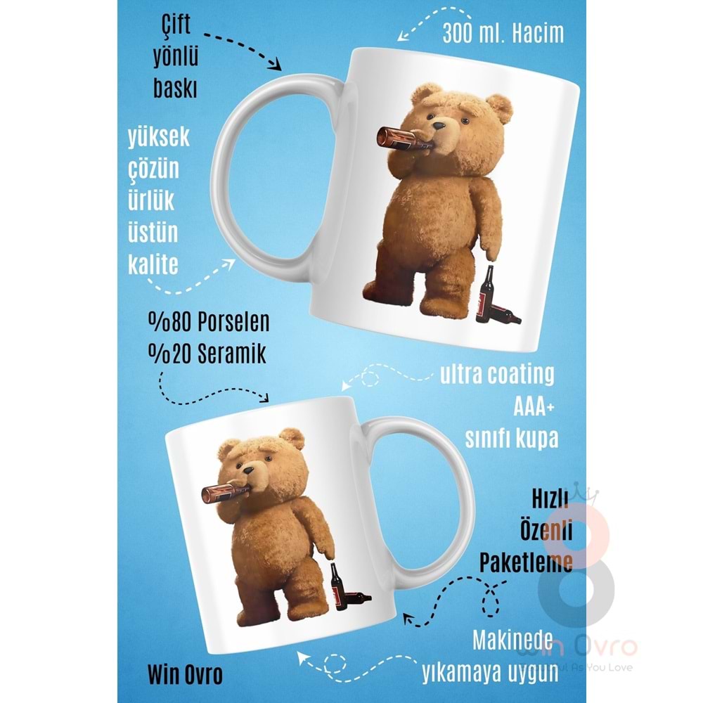 Win Ovro Premium Beyaz Porselen Hediye Çift Yön Baskılı Kupa Bardak - Ayı Teddy Bear 02