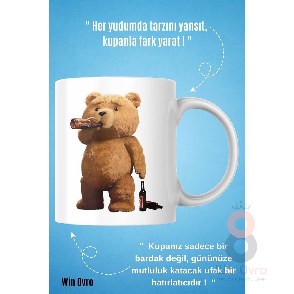 Win Ovro Premium Beyaz Porselen Hediye Çift Yön Baskılı Kupa Bardak - Ayı Teddy Bear 02