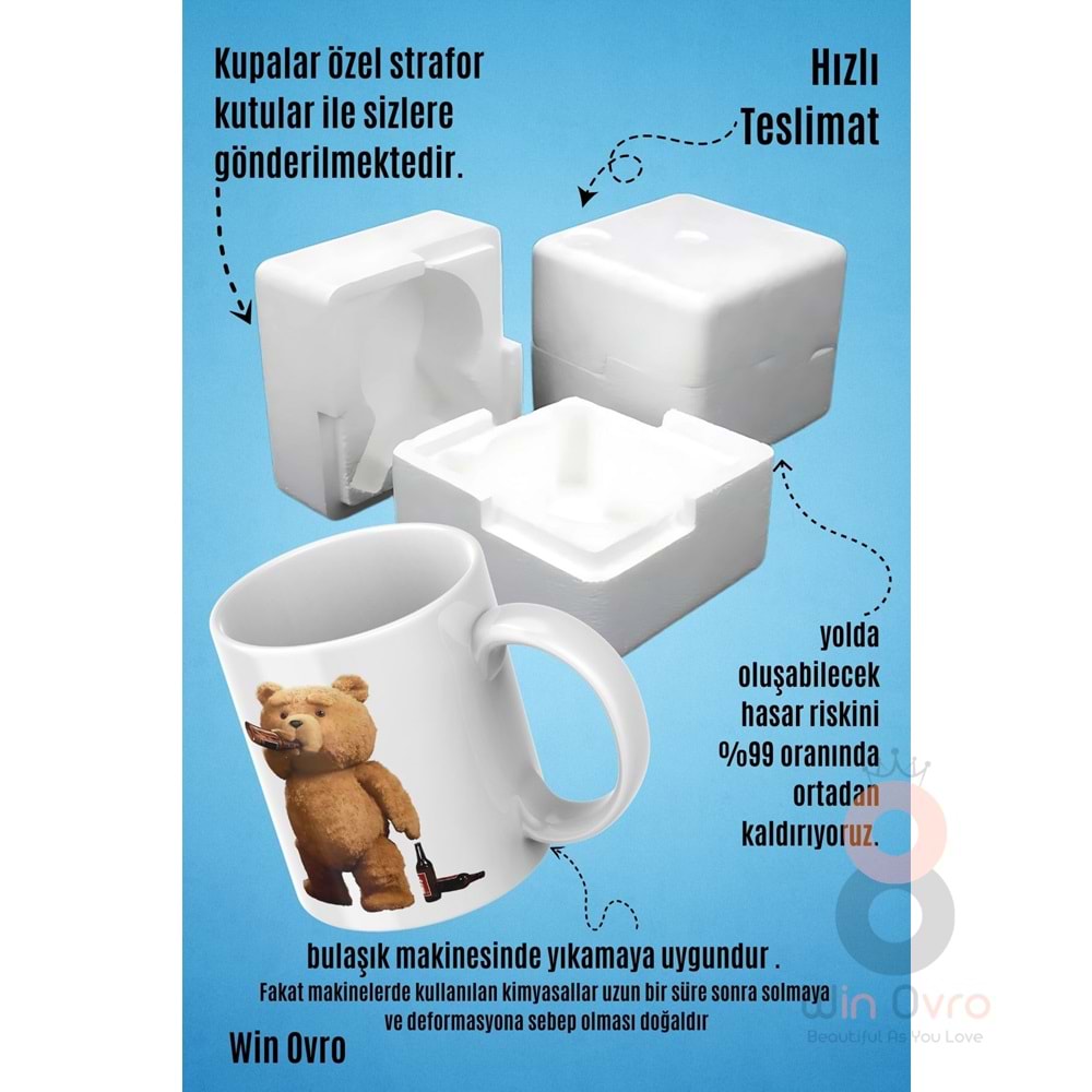 Win Ovro Premium Beyaz Porselen Hediye Çift Yön Baskılı Kupa Bardak - Ayı Teddy Bear 02