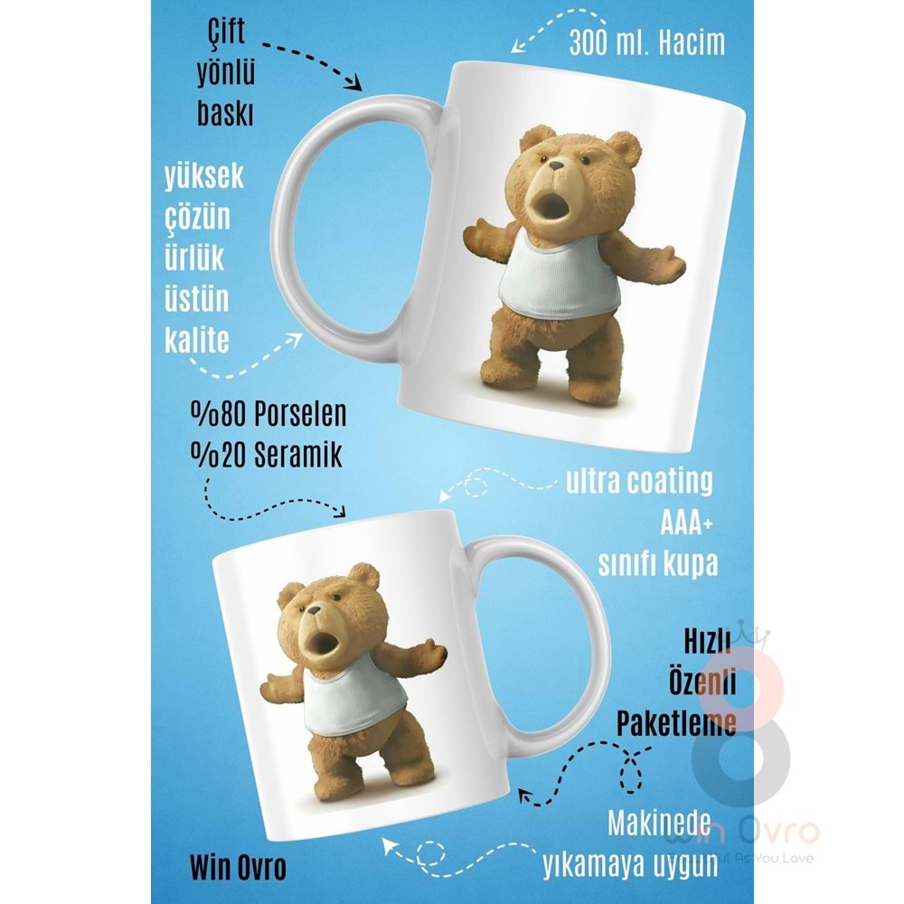 Win Ovro Premium Beyaz Porselen Hediye Çift Yön Baskılı Kupa Bardak - Ayı Teddy Bear 03