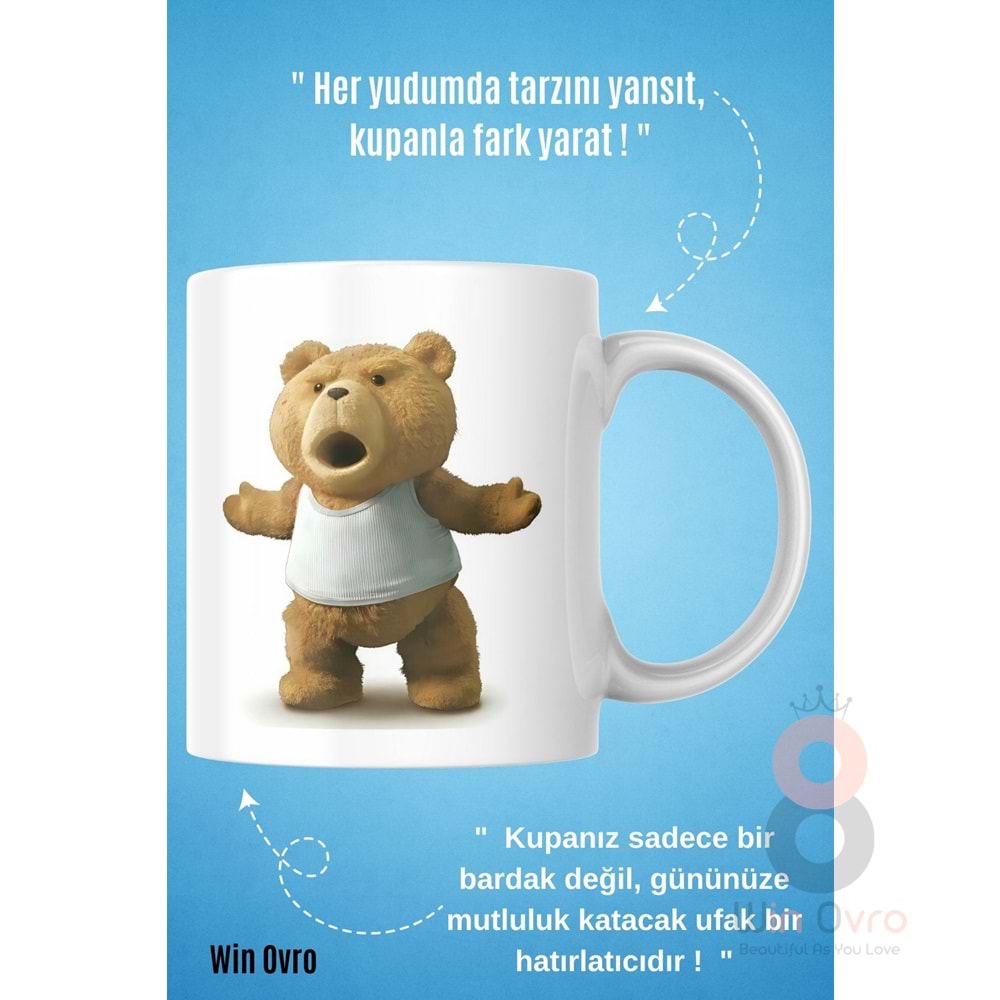 Win Ovro Premium Beyaz Porselen Hediye Çift Yön Baskılı Kupa Bardak - Ayı Teddy Bear 03