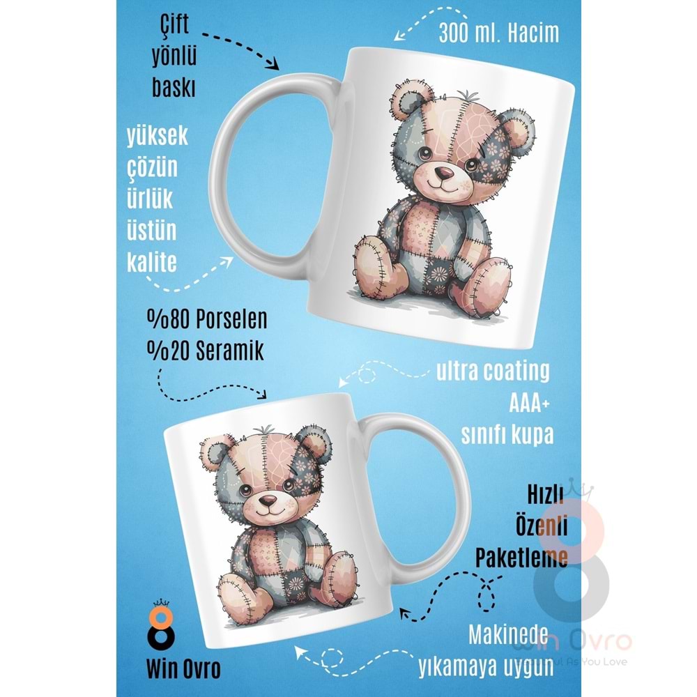 Win Ovro Premium Beyaz Porselen Hediye Çift Yön Baskılı Kupa Bardak - Ayı Teddy Bear 05