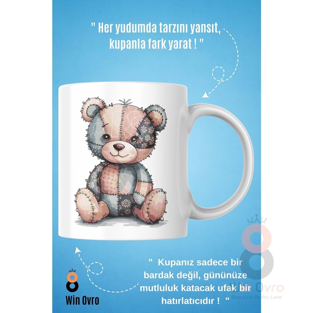 Win Ovro Premium Beyaz Porselen Hediye Çift Yön Baskılı Kupa Bardak - Ayı Teddy Bear 05