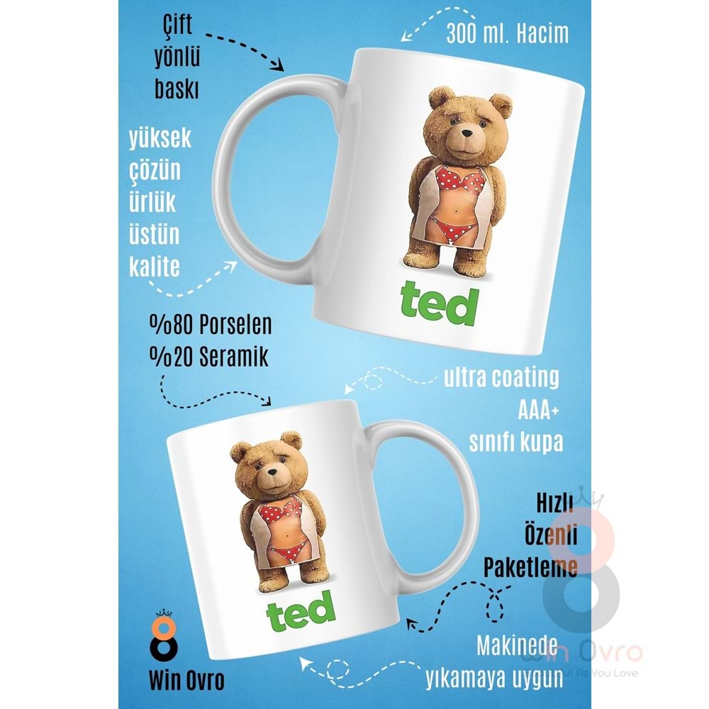 Win Ovro Premium Beyaz Porselen Hediye Çift Yön Baskılı Kupa Bardak - Ayı Teddy Bear 06