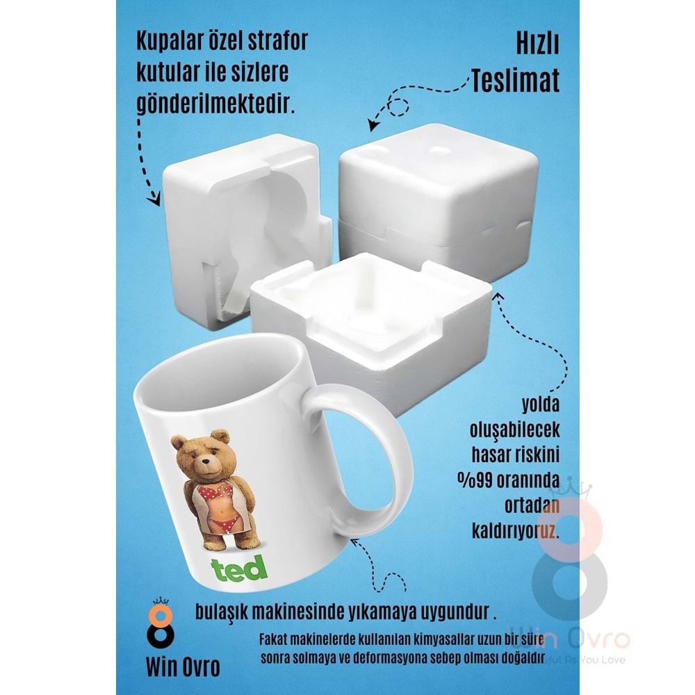 Win Ovro Premium Beyaz Porselen Hediye Çift Yön Baskılı Kupa Bardak - Ayı Teddy Bear 06