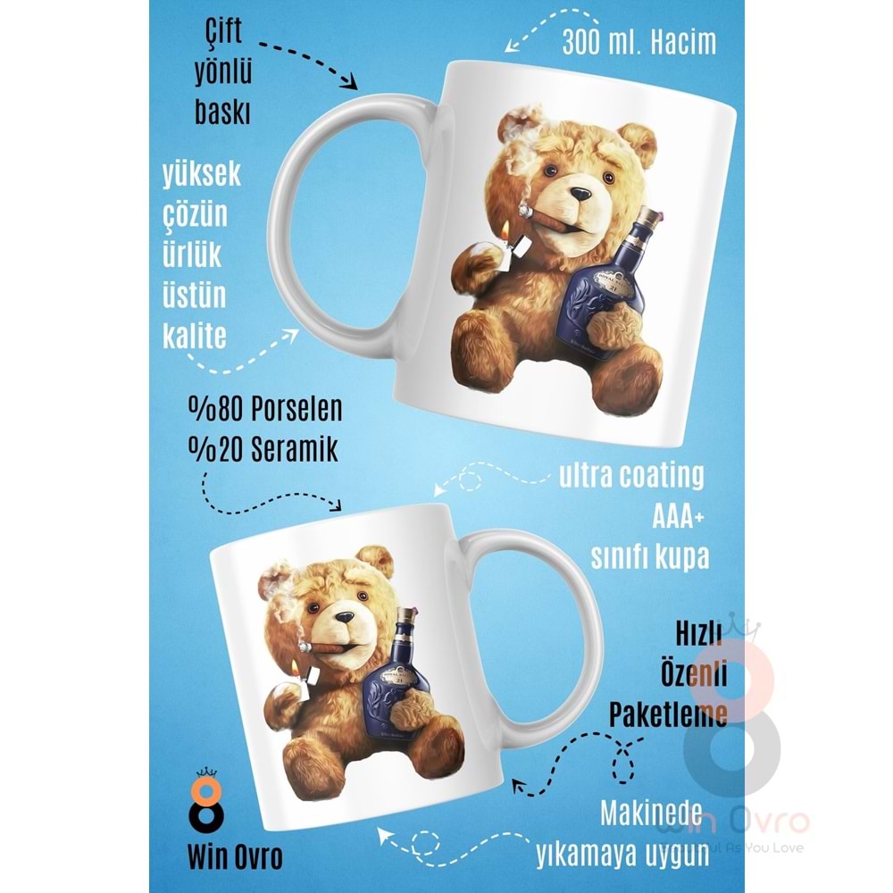 Win Ovro Premium Beyaz Porselen Hediye Çift Yön Baskılı Kupa Bardak - Ayı Teddy Bear 07