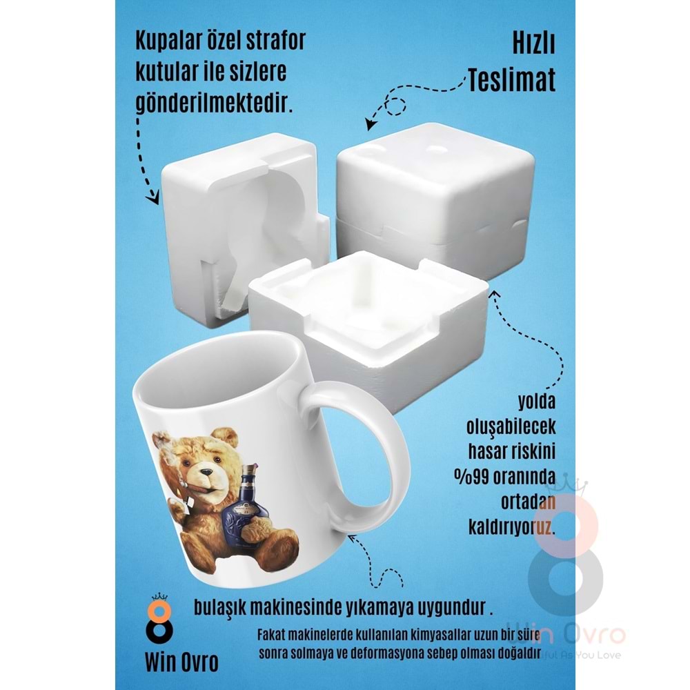 Win Ovro Premium Beyaz Porselen Hediye Çift Yön Baskılı Kupa Bardak - Ayı Teddy Bear 07