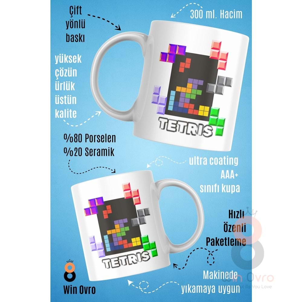 Win Ovro Premium Beyaz Porselen Hediye Çift Yön Baskılı Kupa Bardak - Tetris