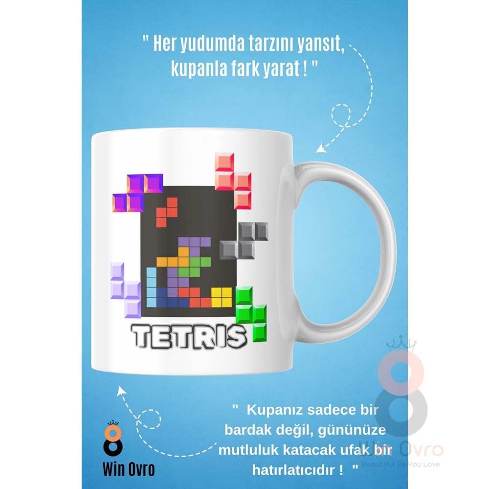 Win Ovro Premium Beyaz Porselen Hediye Çift Yön Baskılı Kupa Bardak - Tetris
