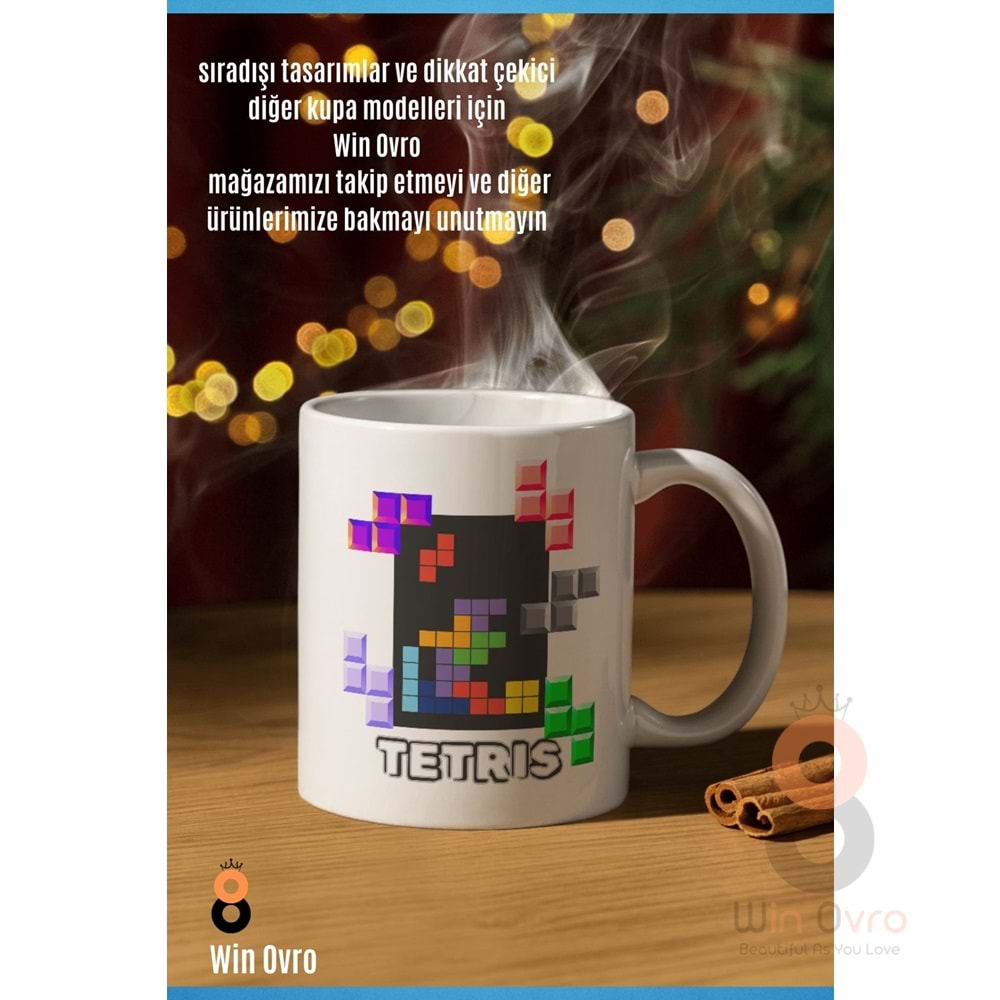 Win Ovro Premium Beyaz Porselen Hediye Çift Yön Baskılı Kupa Bardak - Tetris