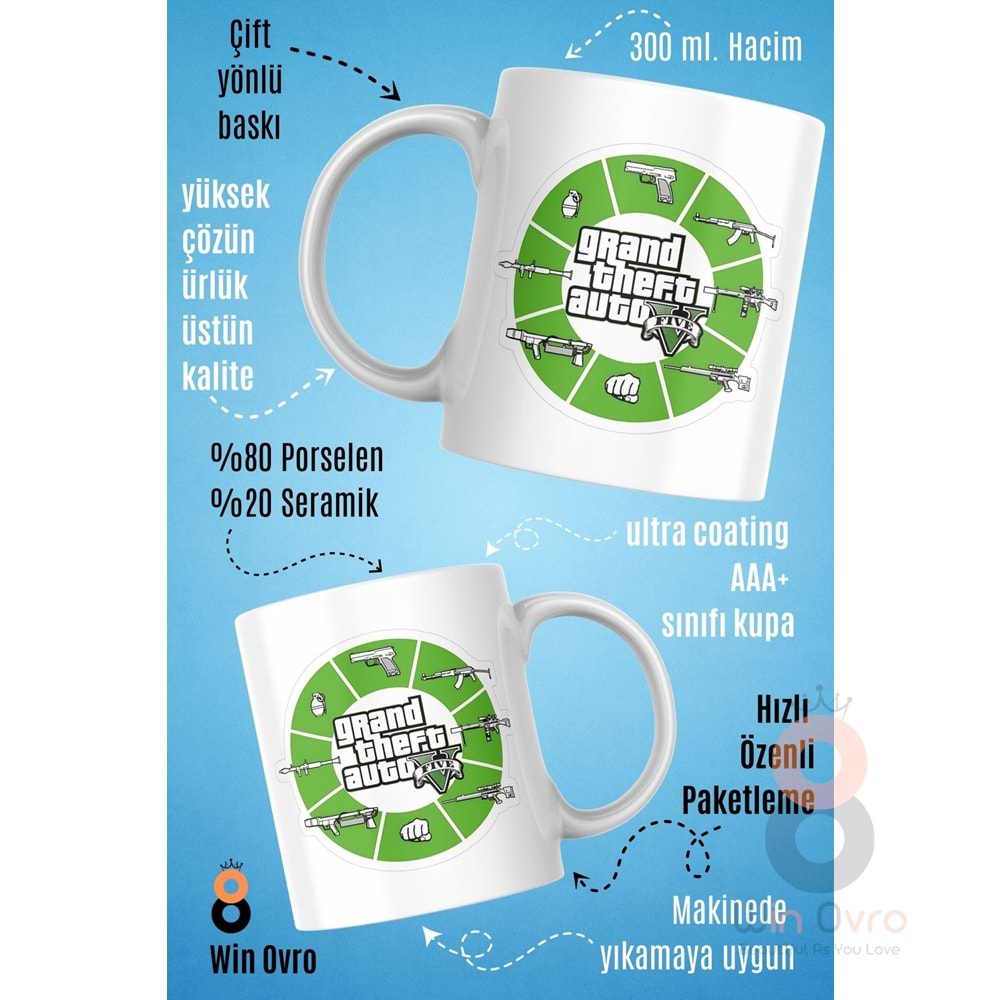 Win Ovro Premium Beyaz Porselen Hediye Çift Yön Baskılı Kupa Bardak - Grand Theft Auto Five V 5