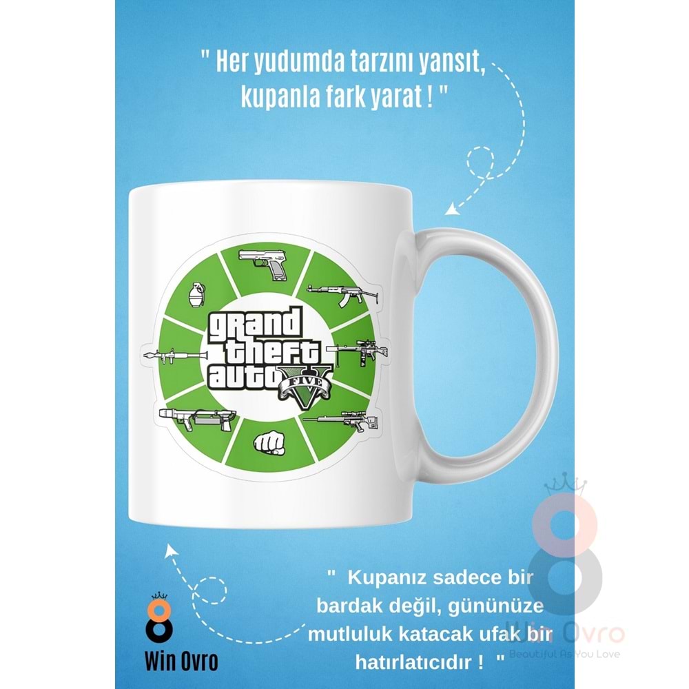 Win Ovro Premium Beyaz Porselen Hediye Çift Yön Baskılı Kupa Bardak - Grand Theft Auto Five V 5